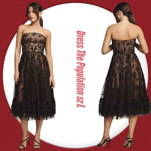 Dress The Population Lace Floral 3D Appliqué Strapless Cocktail Midi Black Dress - Picture 1 of 13